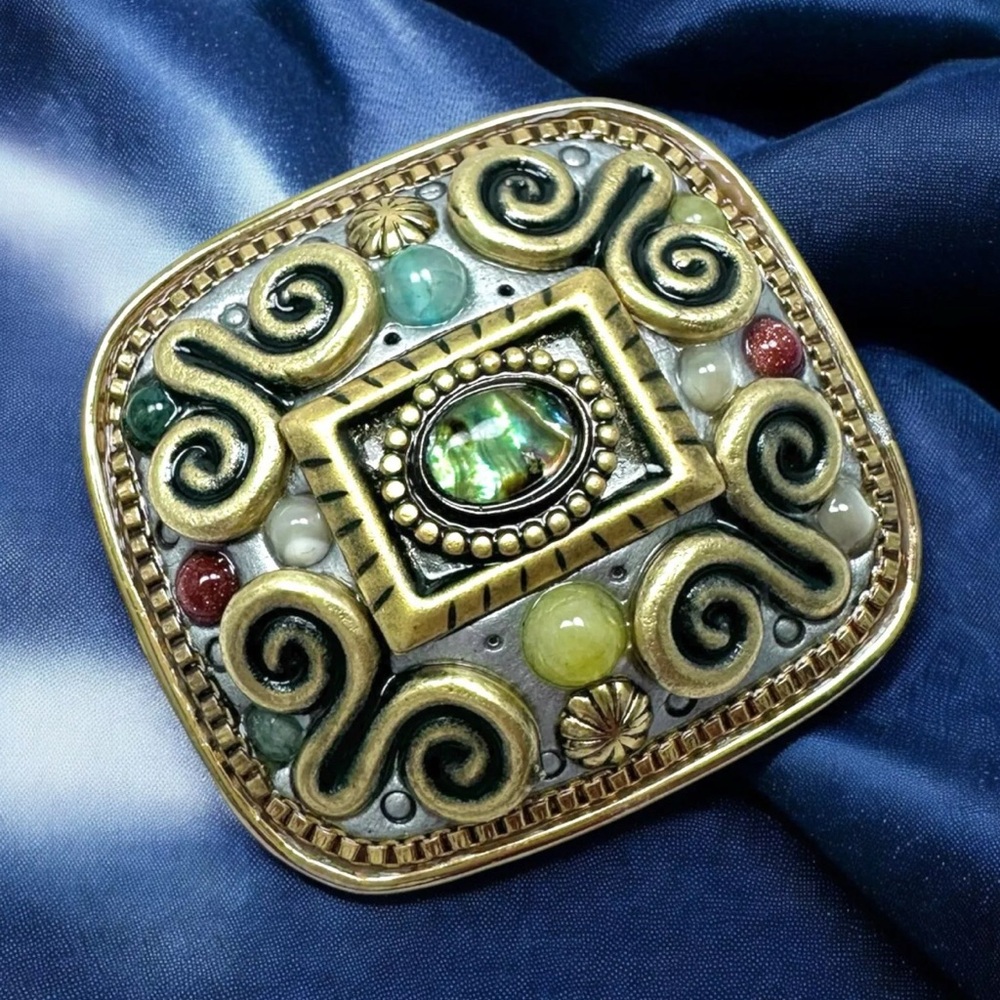 Michal Golan Vintage Gold Tone Colorful Enamel Pendant/Brooch Genuine Gemstones